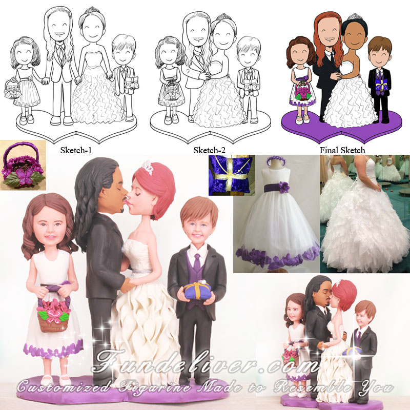 Bride Kissing Groom Cake Topper with Flower Girl and Ring Bearer